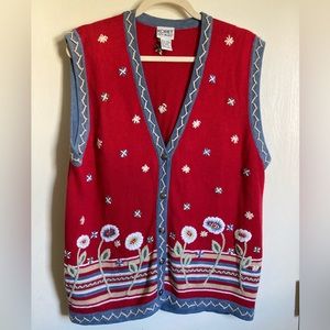 •Koret City Vintage 90’s Red Embroidered Floral Sleeveless Large Sweater Vest #R
